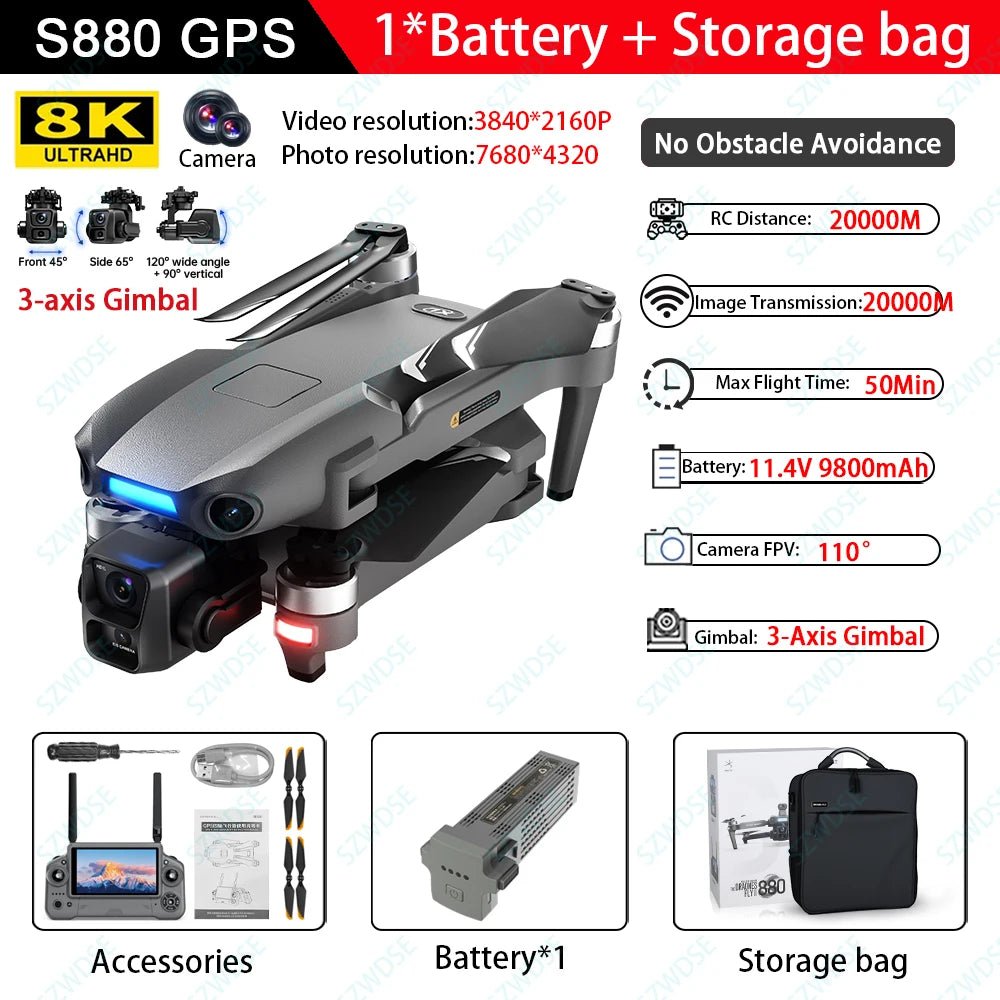 S880 Pro Max GPS Drone with 8K Camera | 50 - Min Flight, 20KM Range, 3 - Axis Gimbal - Skyvex Official