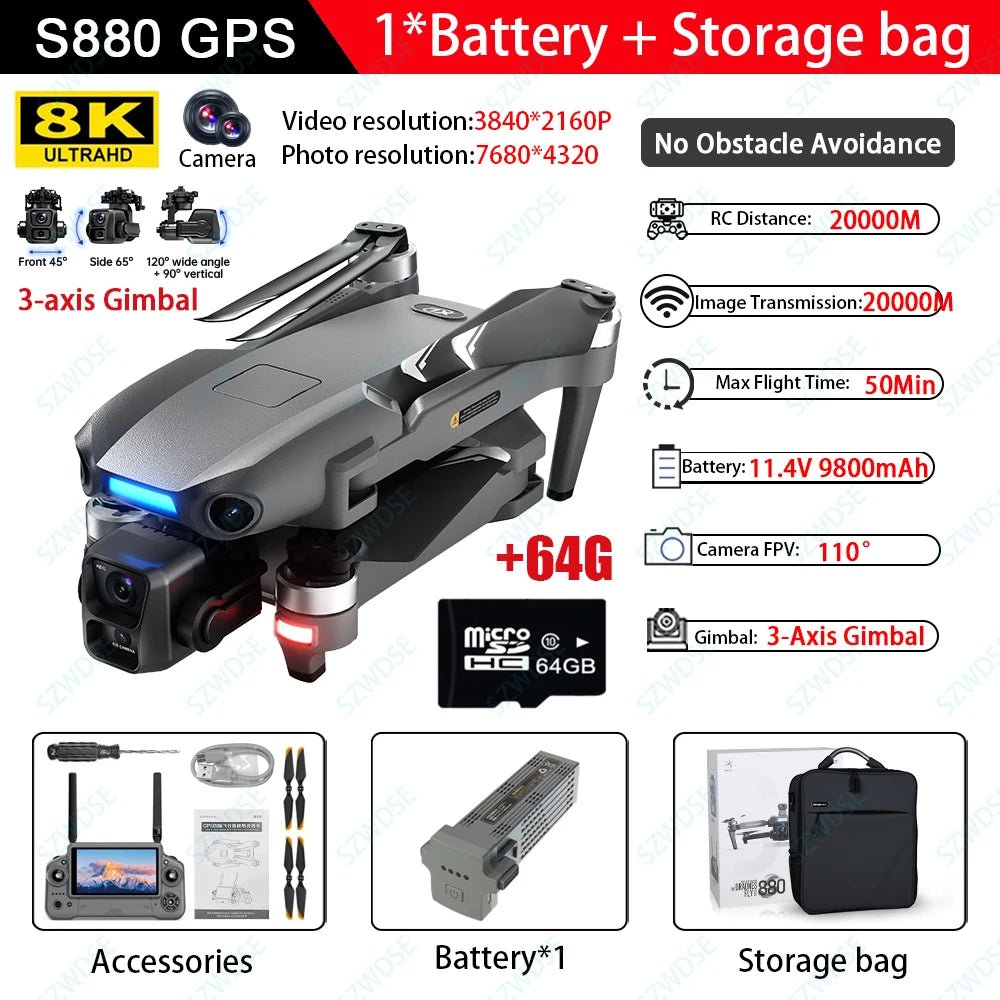 S880 Pro Max GPS Drone with 8K Camera | 50 - Min Flight, 20KM Range, 3 - Axis Gimbal - Skyvex Official