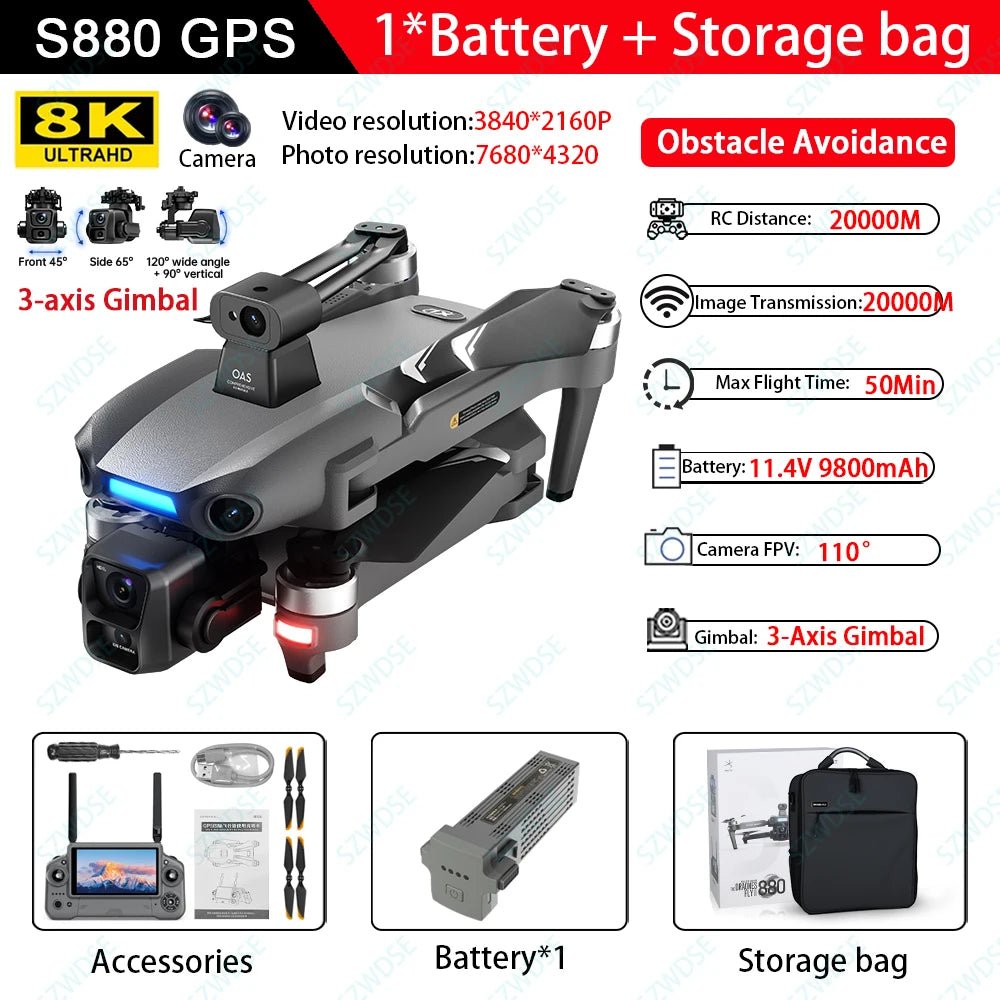 S880 Pro Max GPS Drone with 8K Camera | 50 - Min Flight, 20KM Range, 3 - Axis Gimbal - Skyvex Official