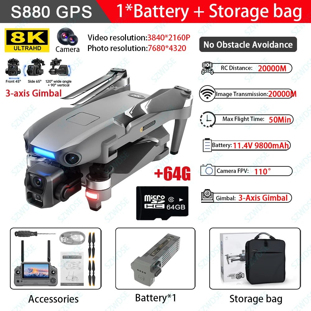 S880 Pro Max GPS Drone with 8K Camera | 50 - Min Flight, 20KM Range, 3 - Axis Gimbal - Skyvex Official