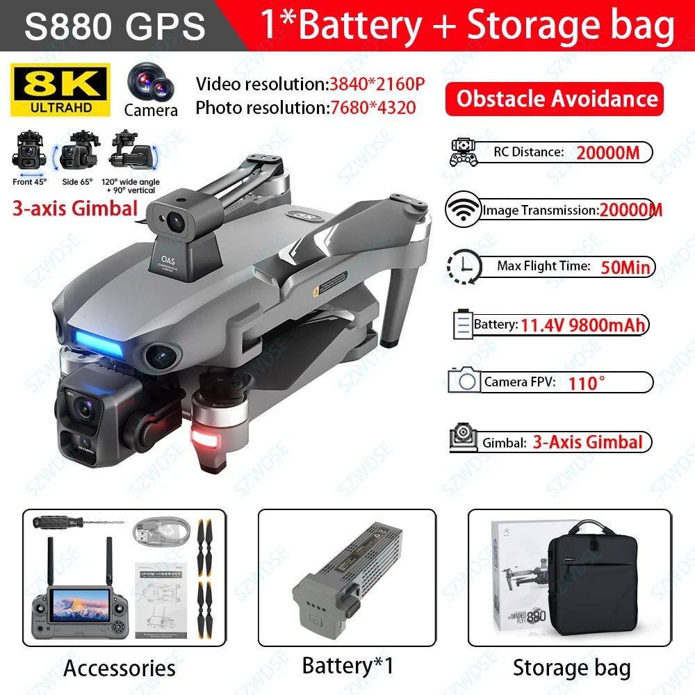S880 Pro Max GPS Drone with 8K Camera | 50 - Min Flight, 20KM Range, 3 - Axis Gimbal - Skyvex Official